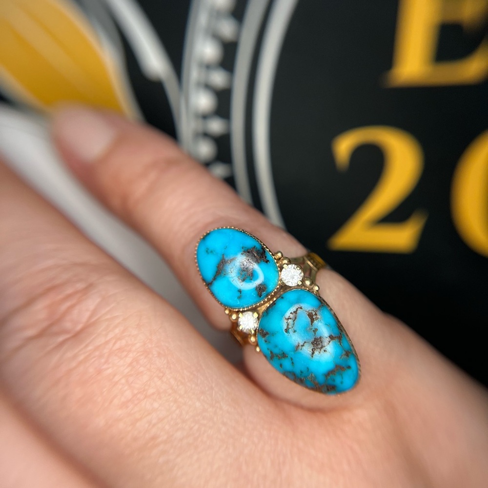Vintage 14k Yellow Gold Turquoise Diamond Ring - Picture 9 of 15